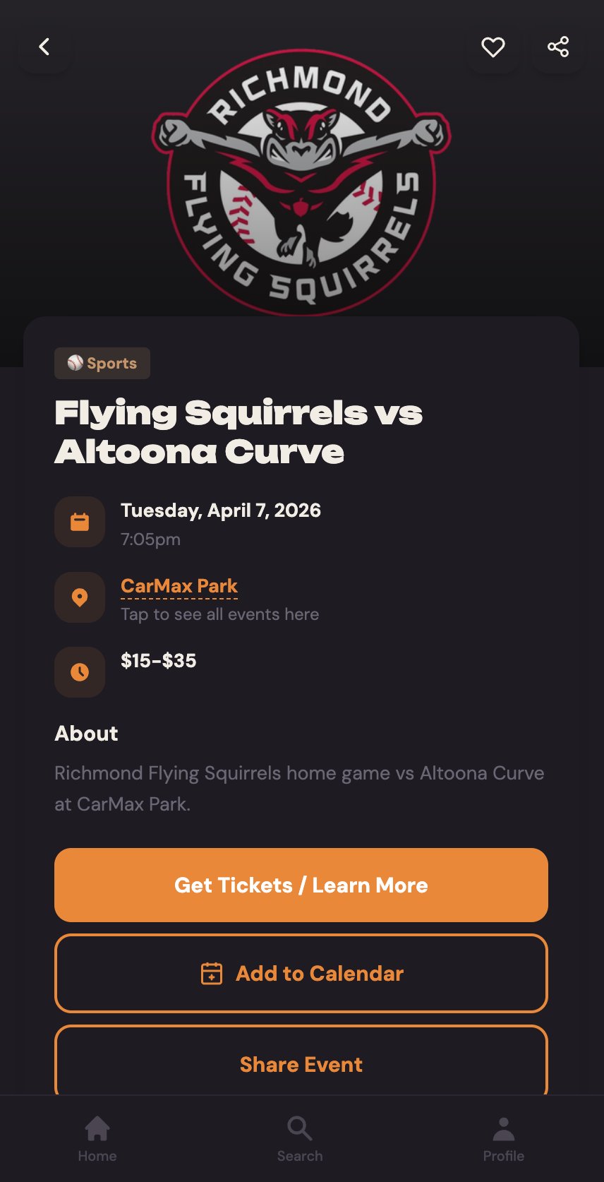 RVA Tonight event detail — Flying Squirrels game