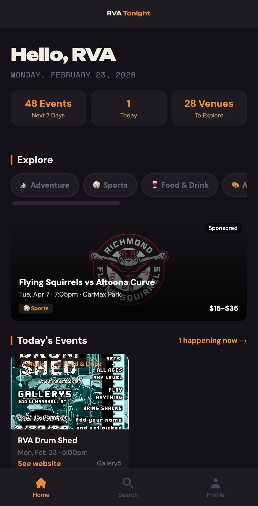 RVA Tonight home screen — today's events in Richmond