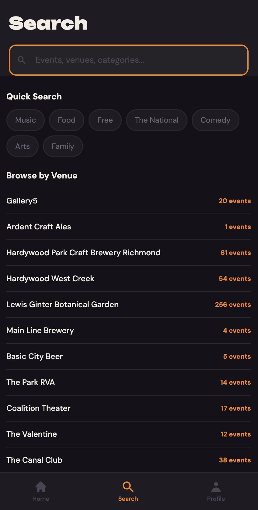 RVA Tonight search — browse venues and quick search